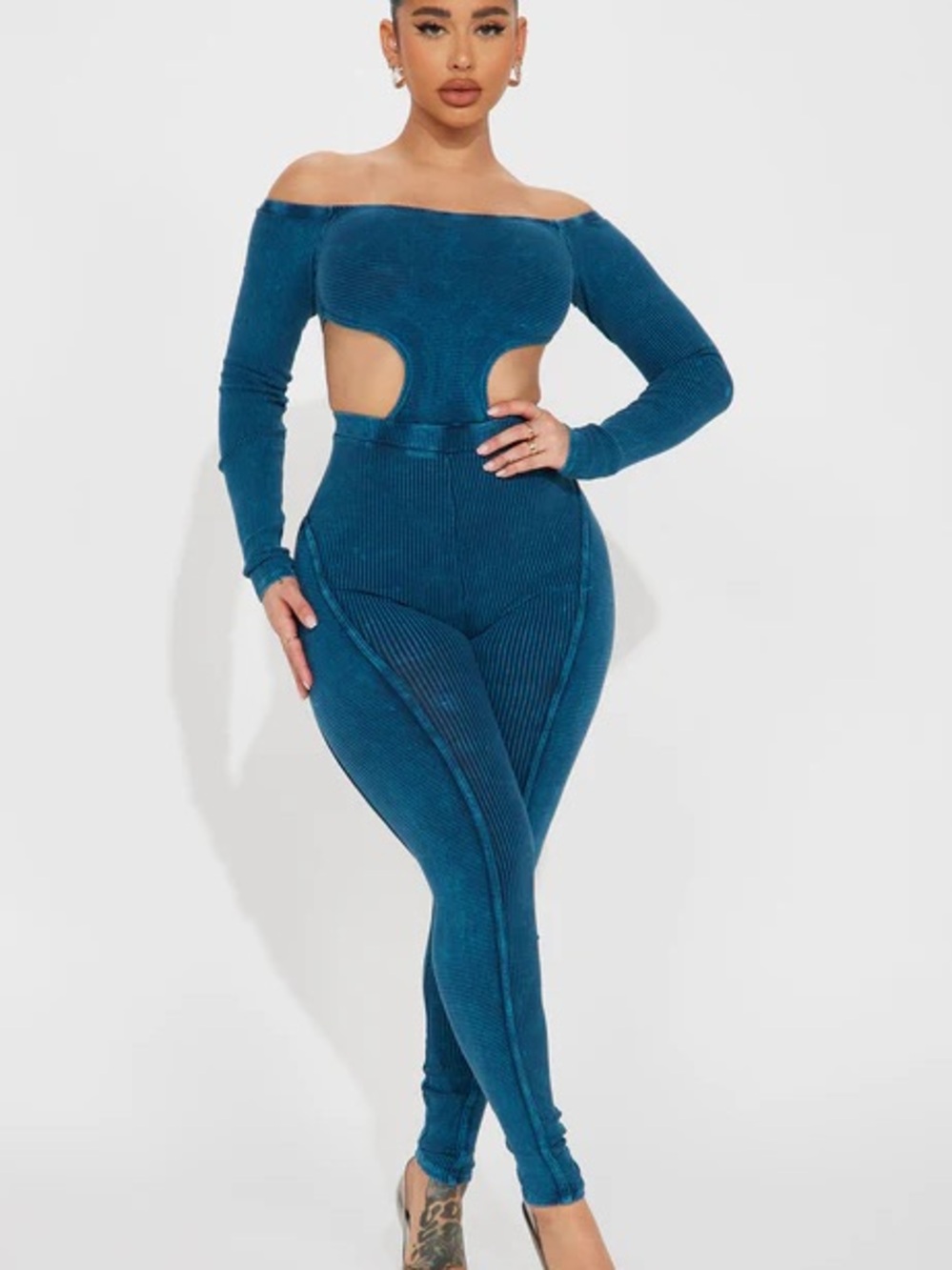 Fashion Nova Teal Off-Shoulder Cutout Ribbed Jumpsuit